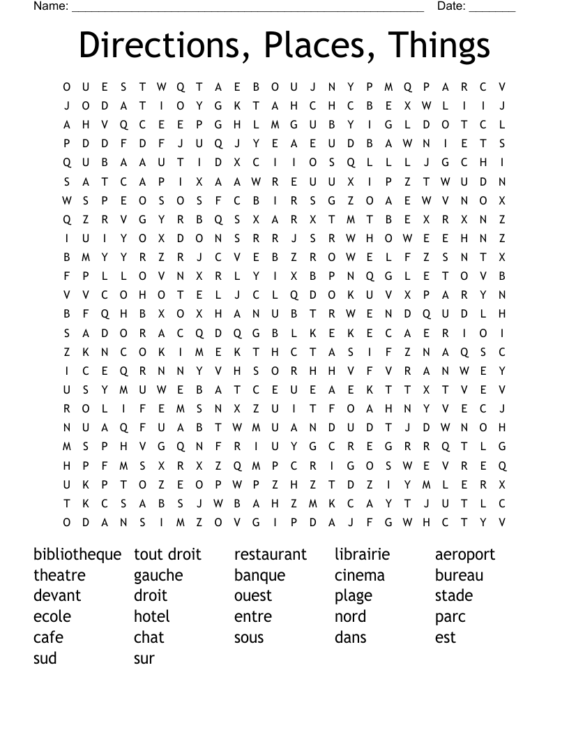Directions, Places, Things Word Search