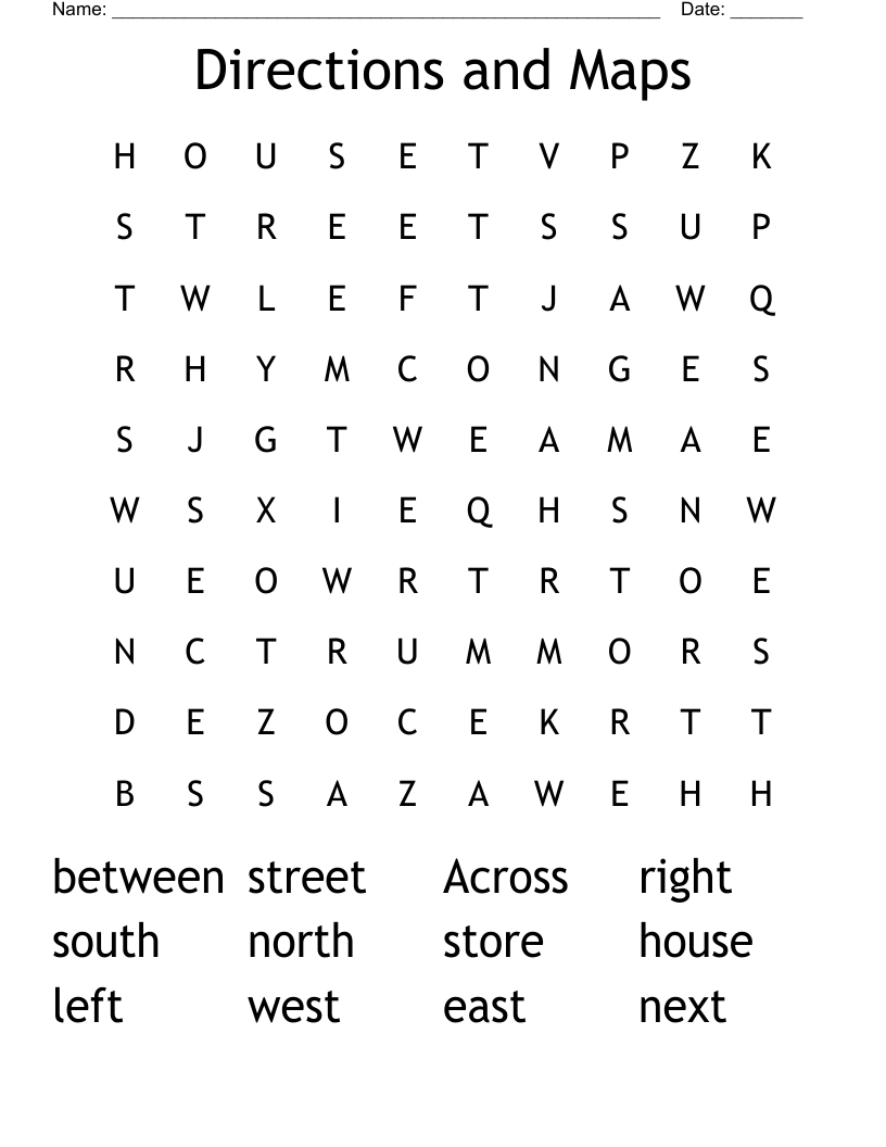 Directions and Maps Word Search