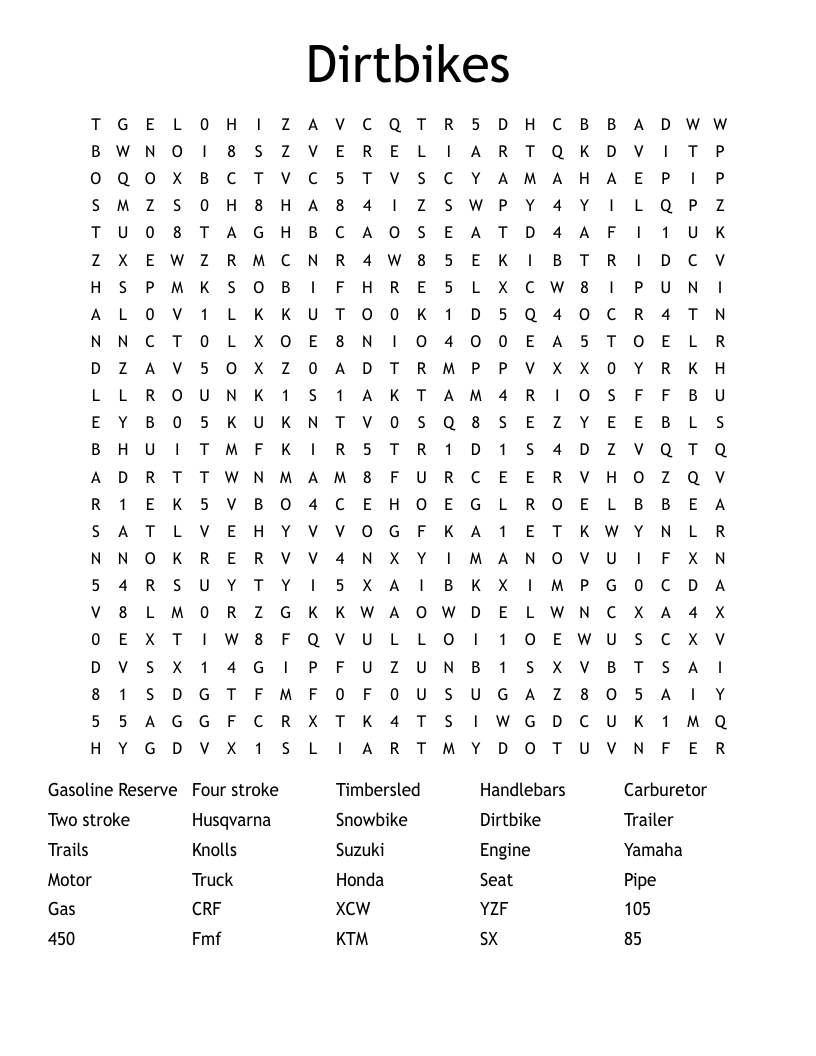 Dirtbikes  Word Search