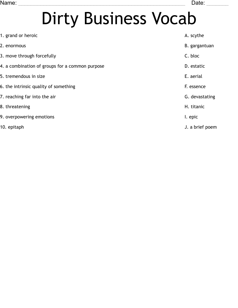 Dirty Business Vocab Worksheet