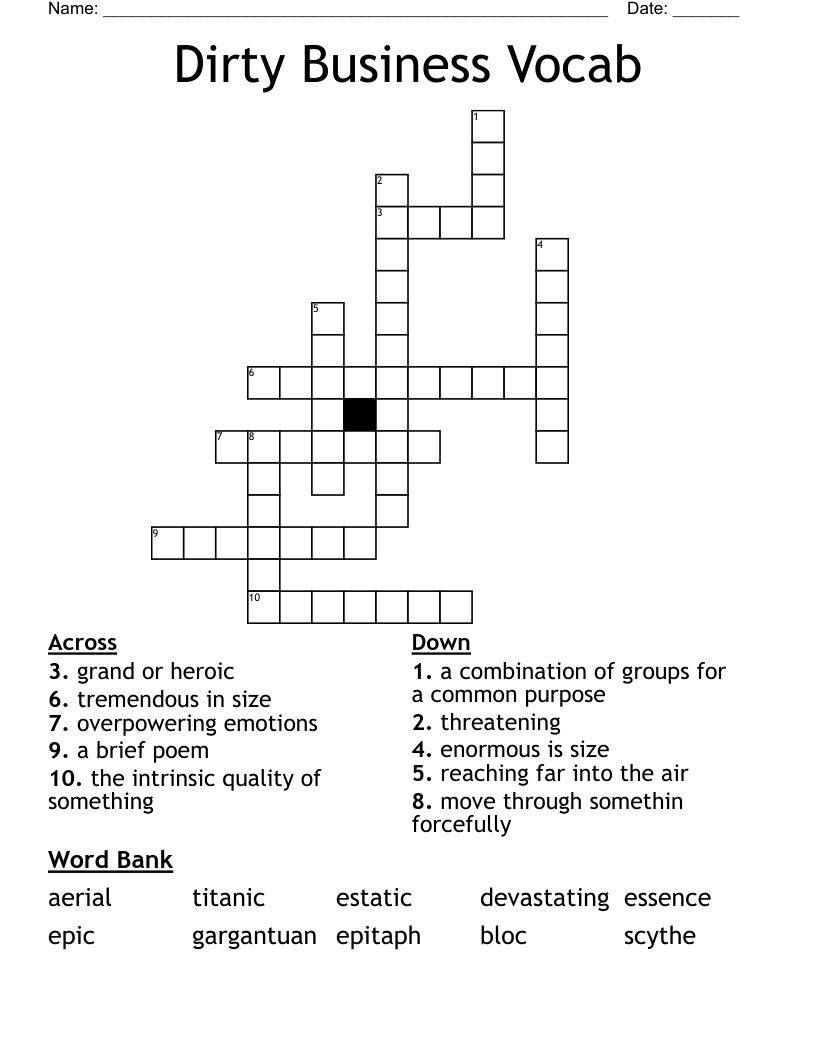 Dirty Business Vocab Crossword
