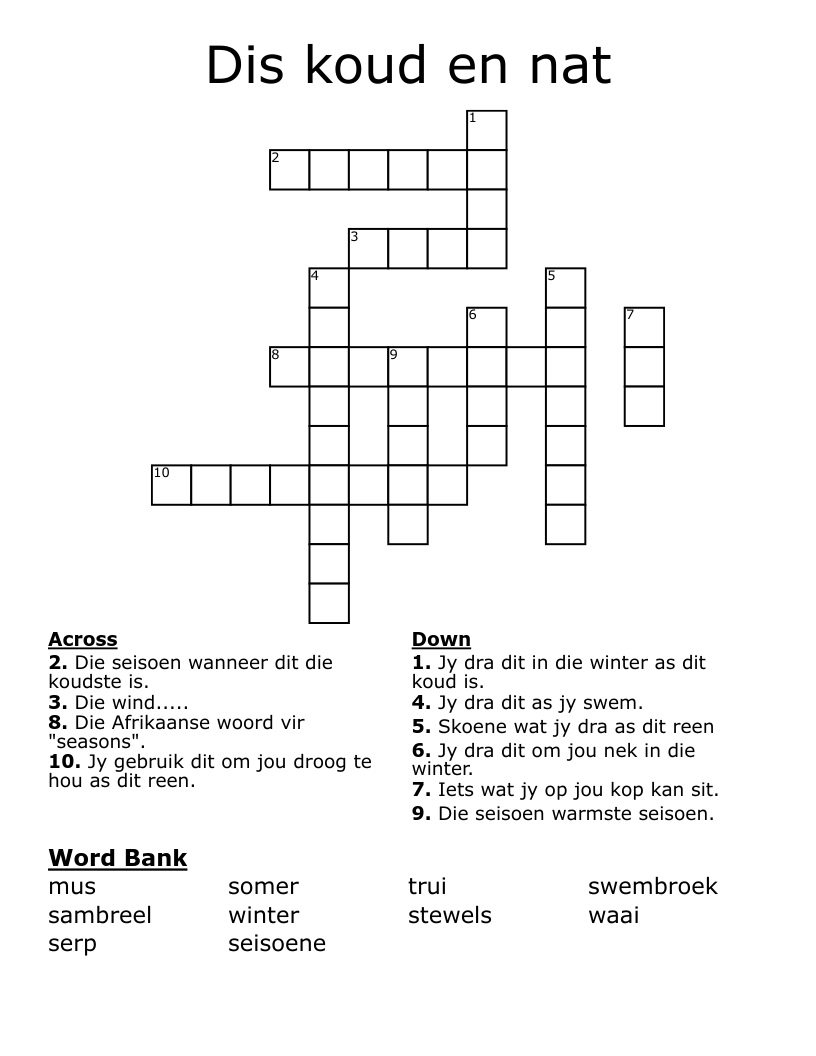 Dis koud en nat Crossword