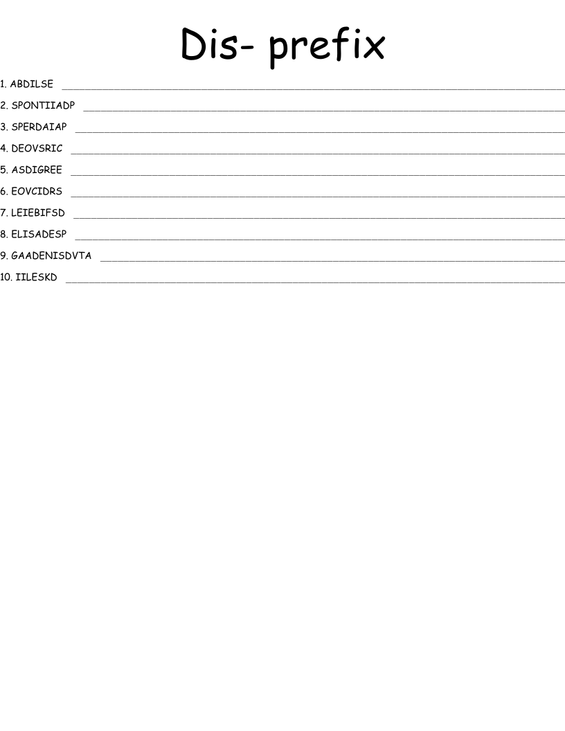 Dis- prefix Word Scramble
