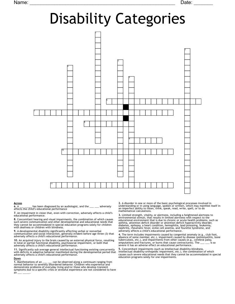 Disability Categories Crossword