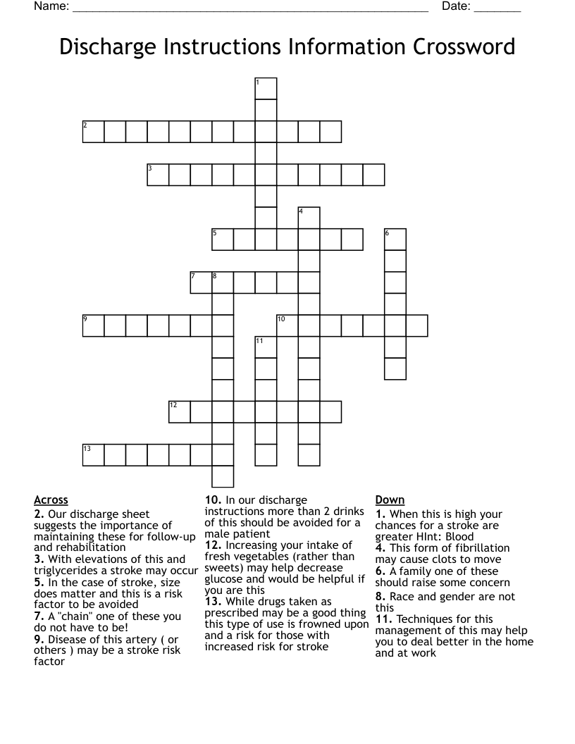 Discharge Instructions Information Crossword