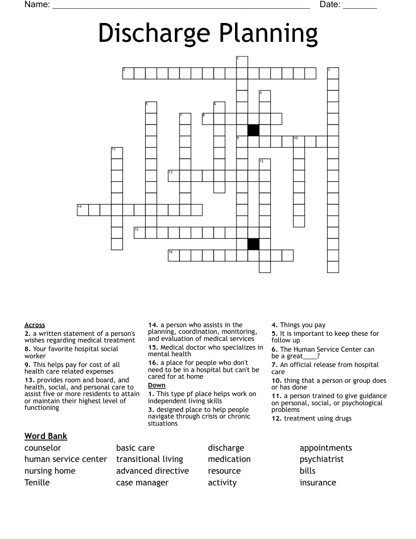 Discharge Planning Crossword