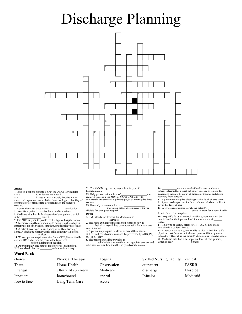 Discharge Planning Crossword