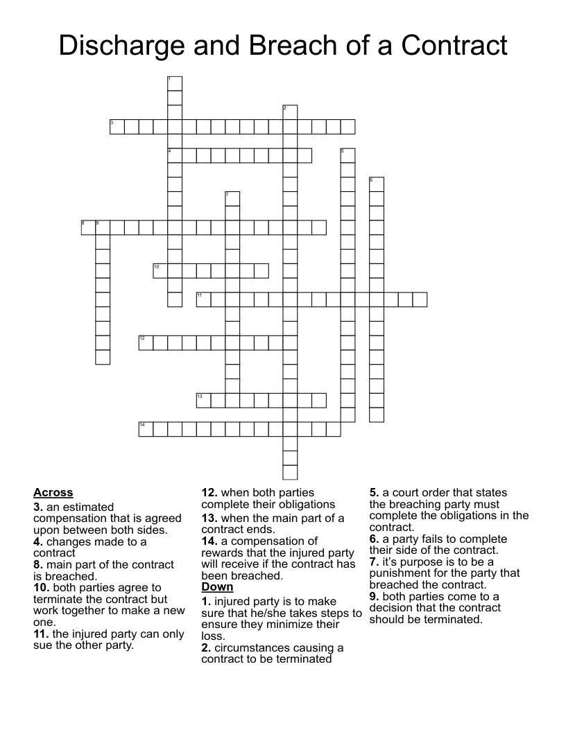 Discharge and Breach of a Contract Crossword