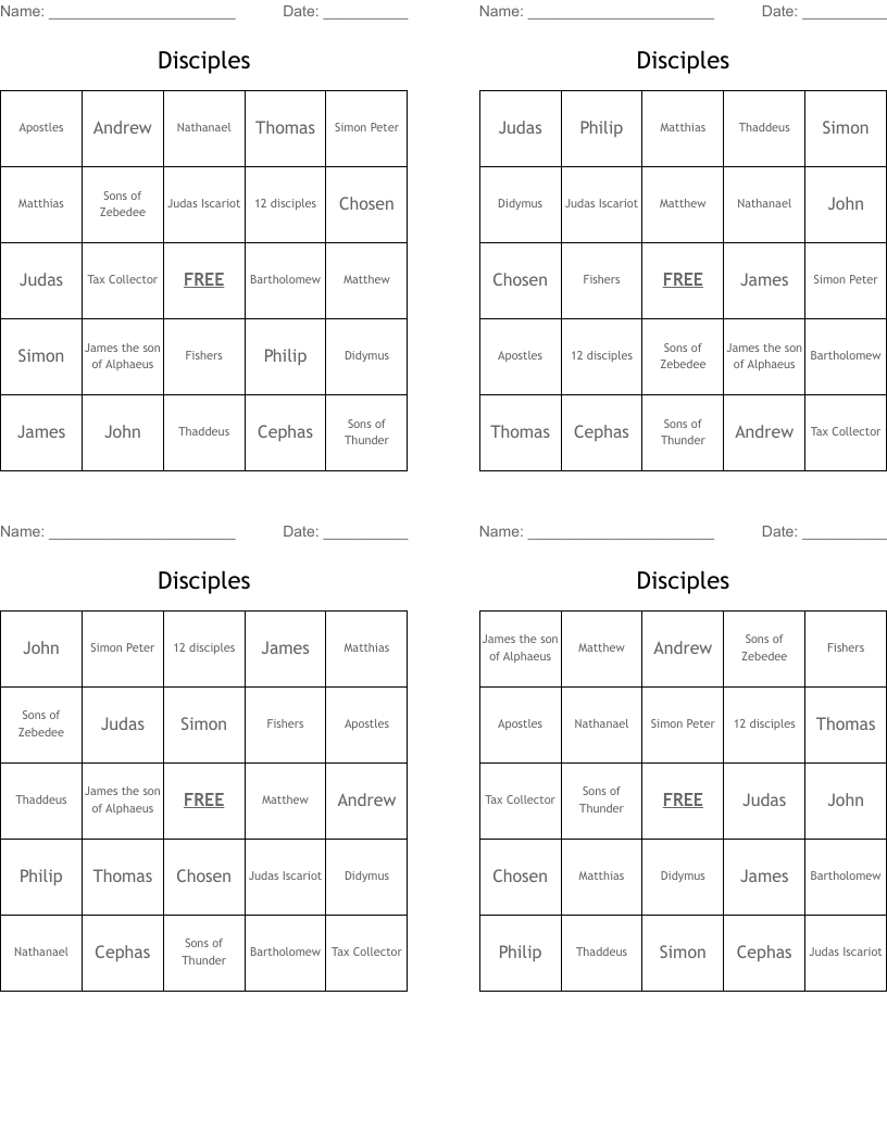 Disciples Bingo Cards