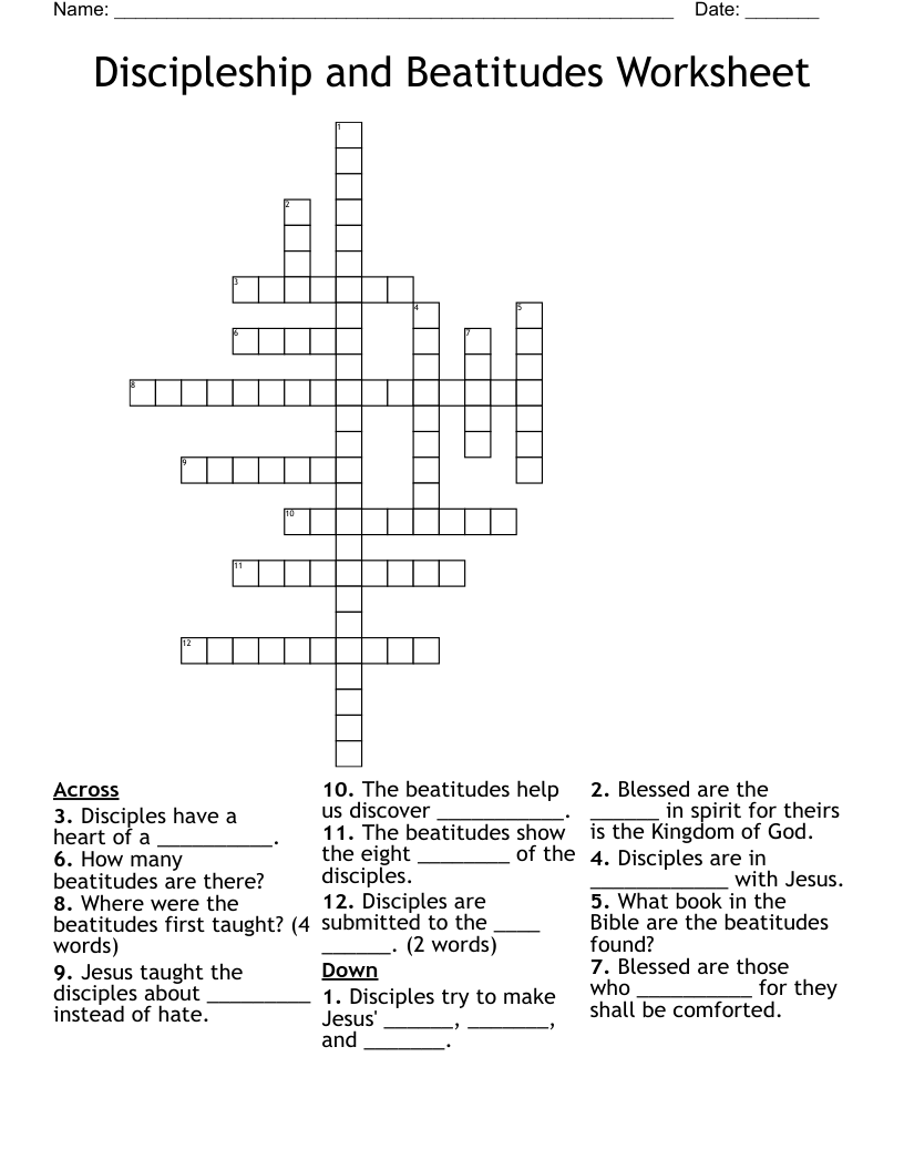 Discipleship and Beatitudes Worksheet Crossword