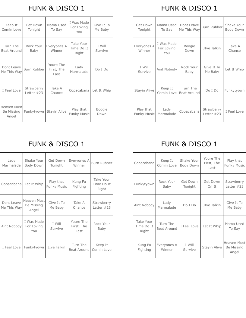 FUNK & DISCO 1 Bingo Cards