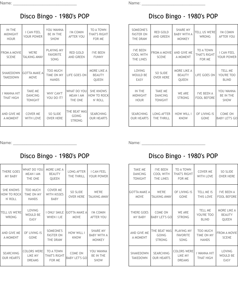 Disco Bingo - 1980's POP