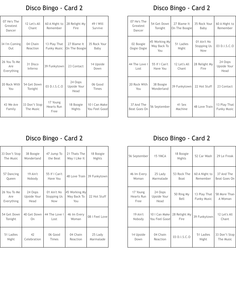 Disco Bingo - Card 2