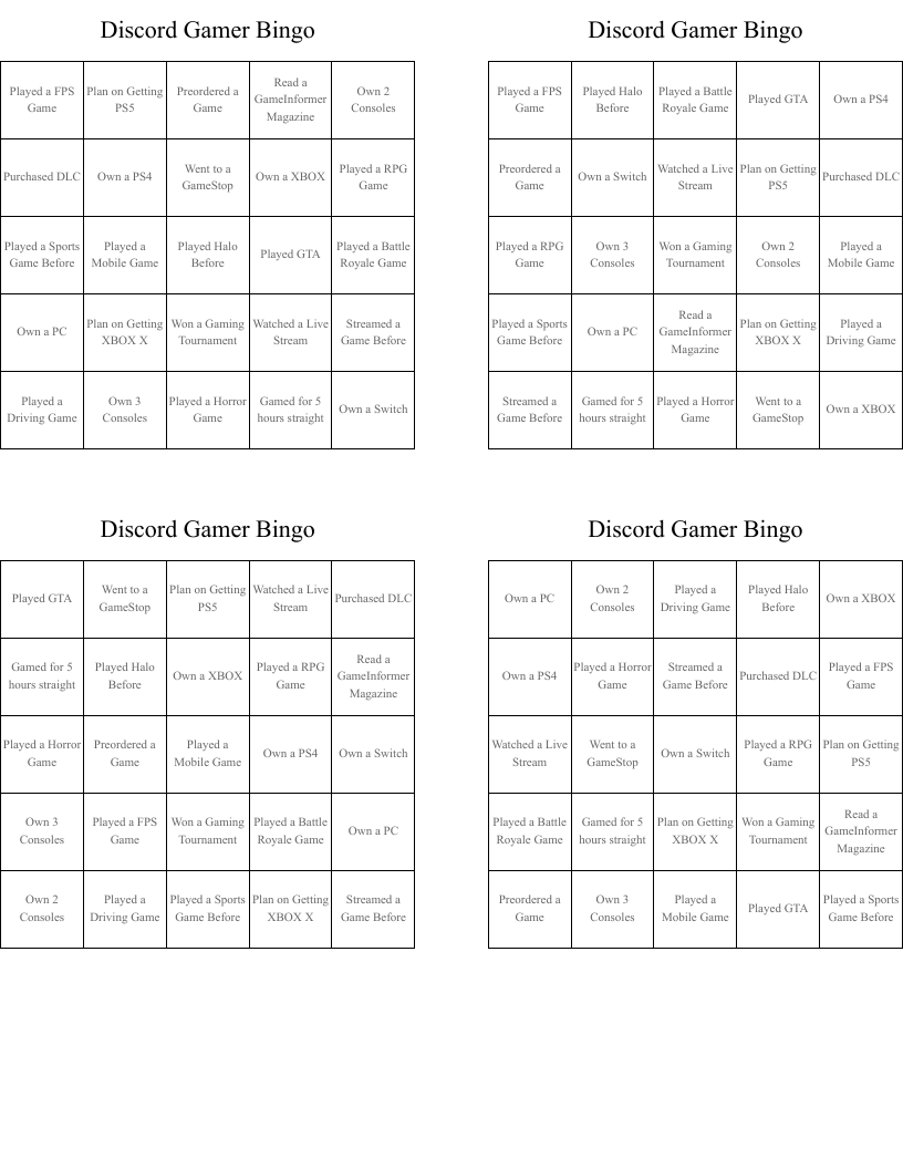 Discord Gamer Bingo