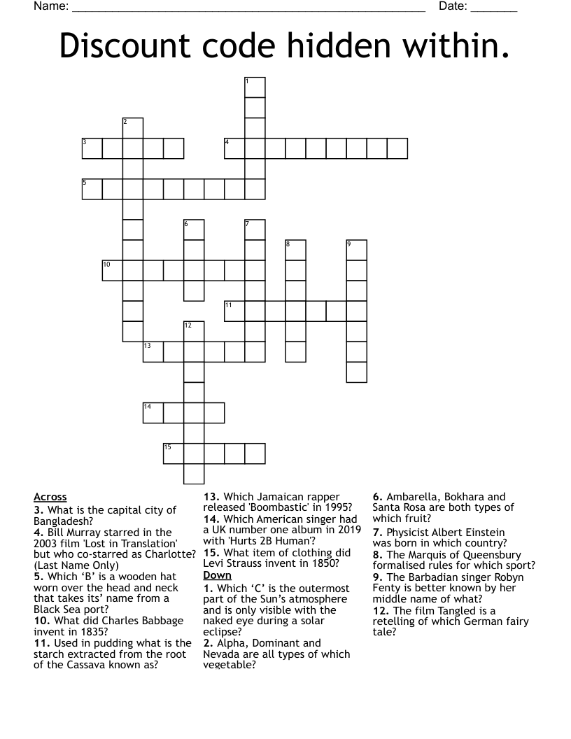 Discount code hidden within. Crossword