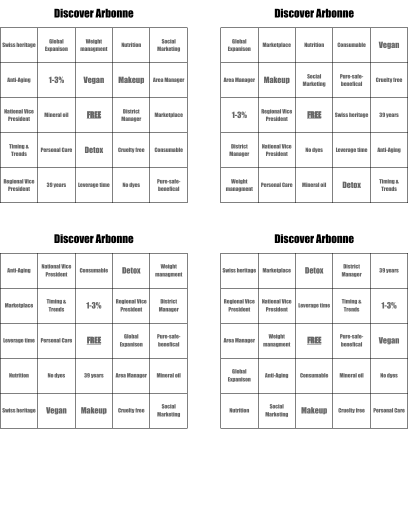 Discover Arbonne Bingo Cards