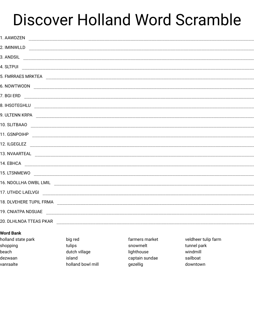 Discover Holland Word Scramble