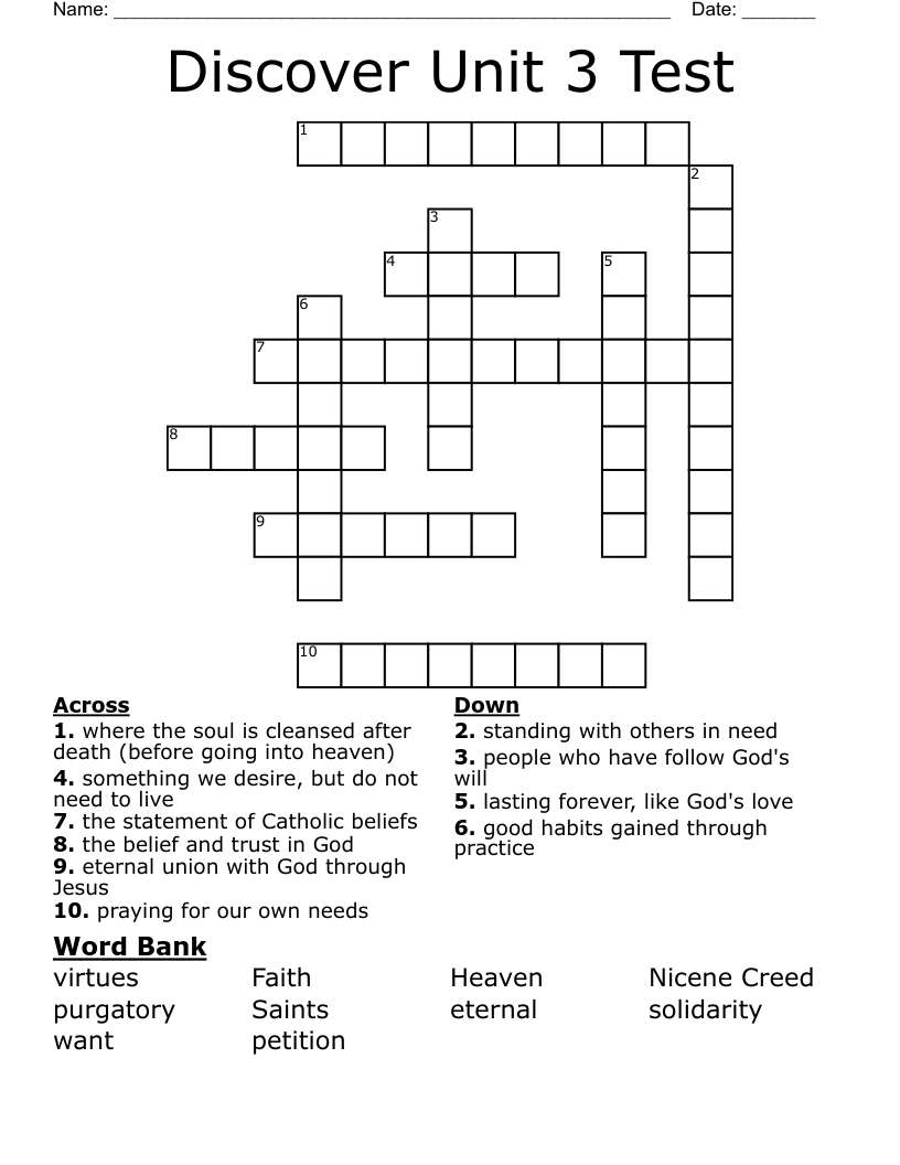 Discover Unit 3 Test Crossword