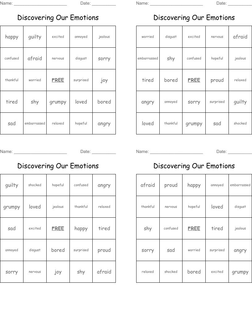 Discovering Our Emotions Bingo Cards