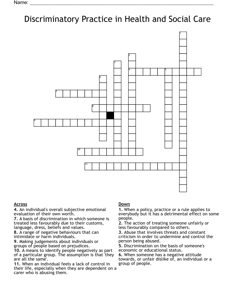 Discriminatory Practice in Health and Social Care Crossword