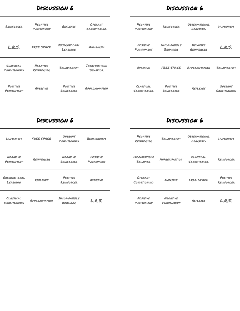 Discussion 6 Bingo Cards