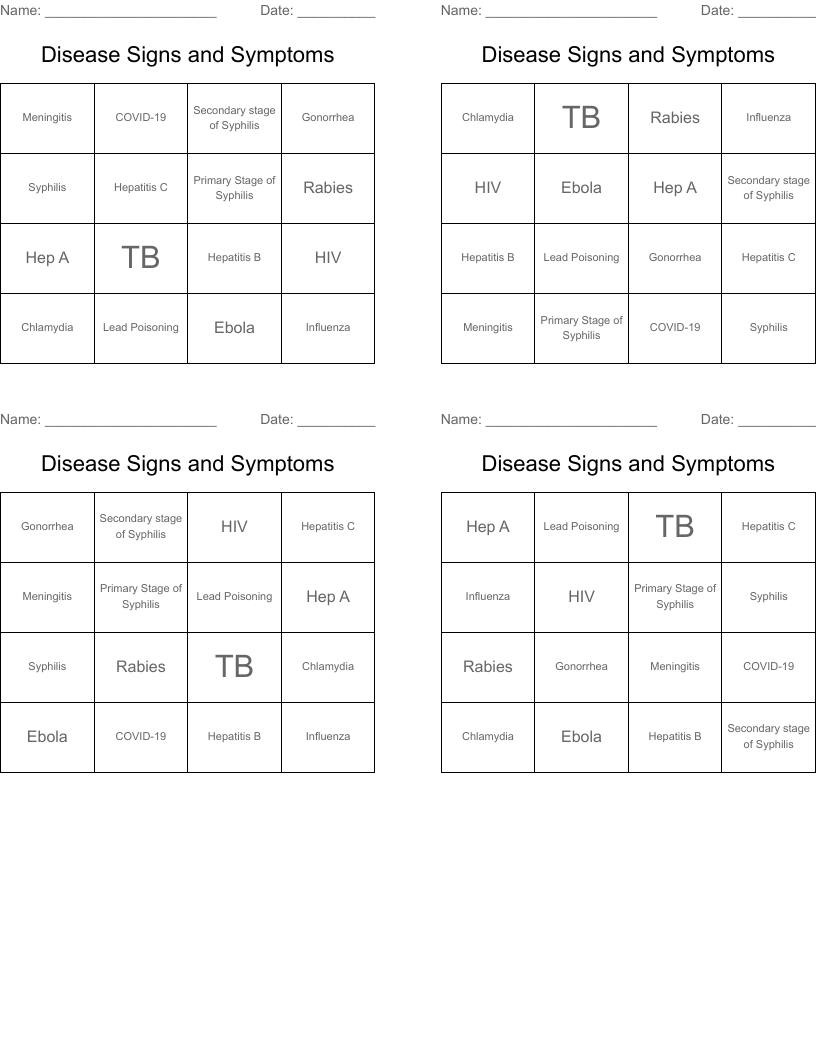 Disease Signs and Symptoms Bingo Cards