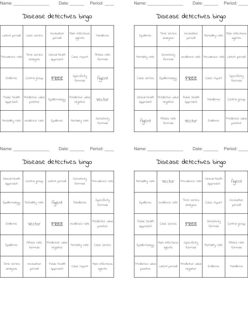Disease detectives bingo
