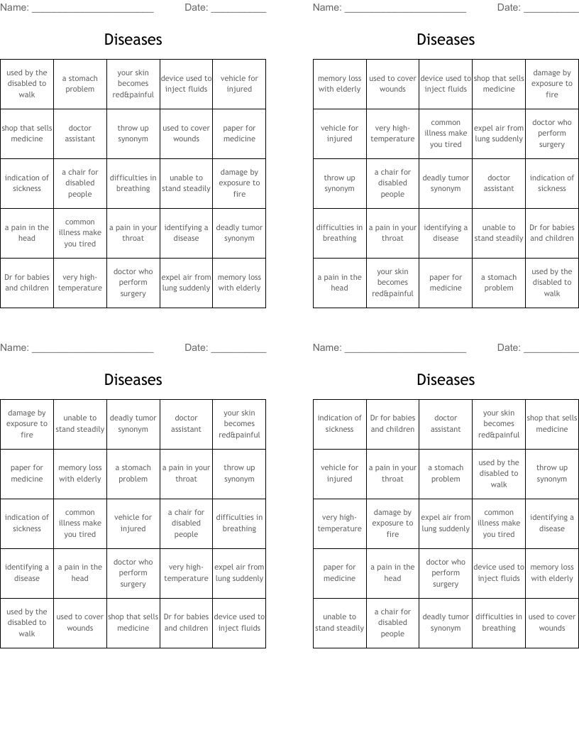 Diseases Bingo Cards