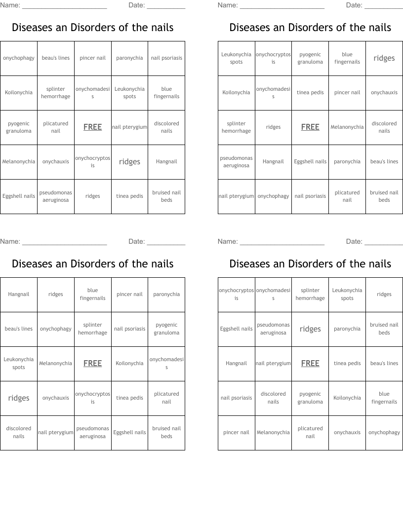 Diseases an Disorders of the nails Bingo Cards