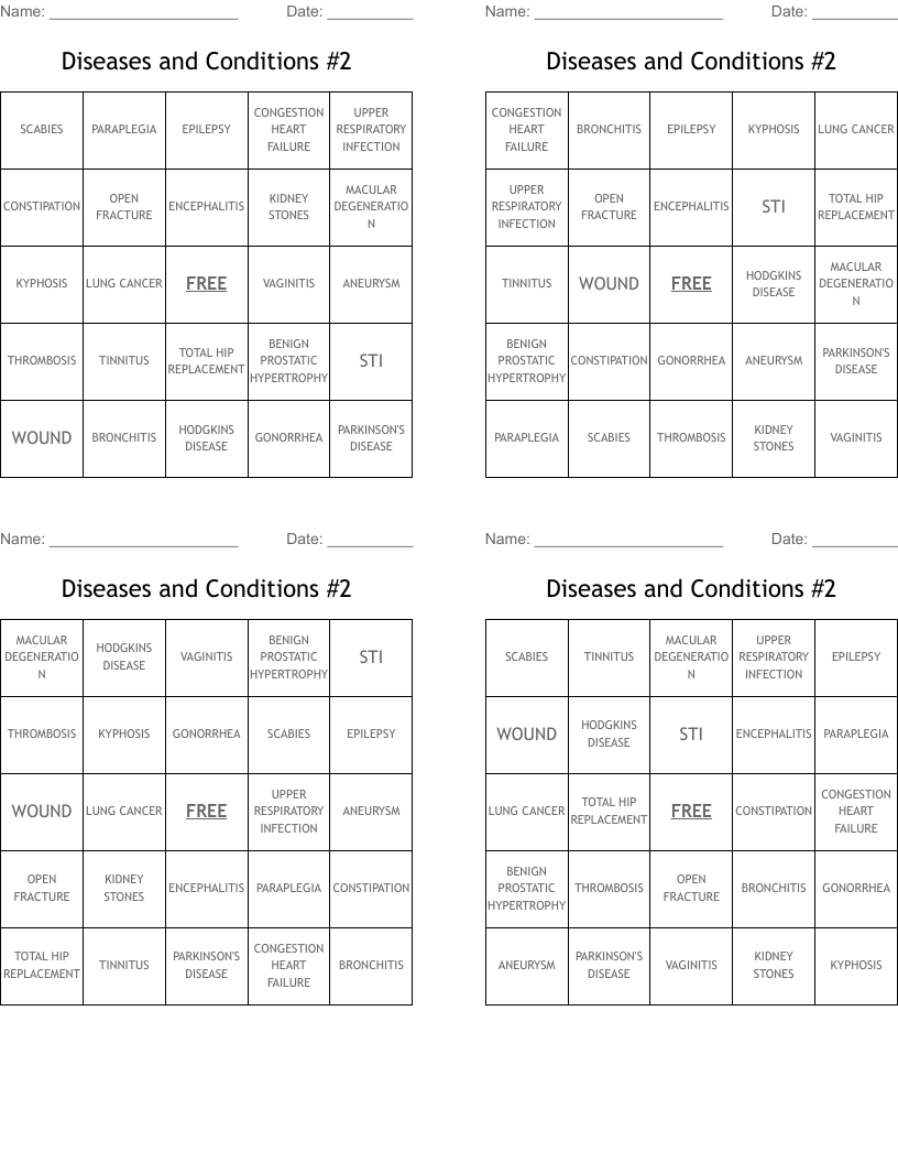 Diseases and Conditions #2 Bingo Cards
