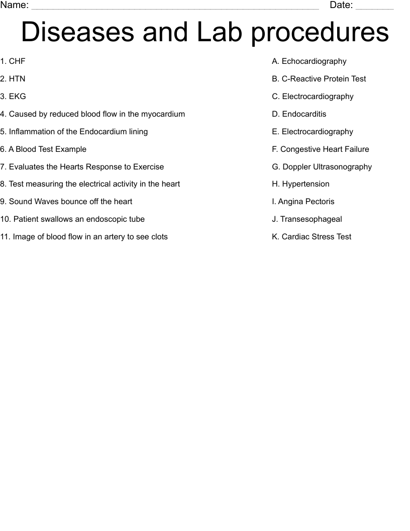 Diseases and Lab procedures Worksheet