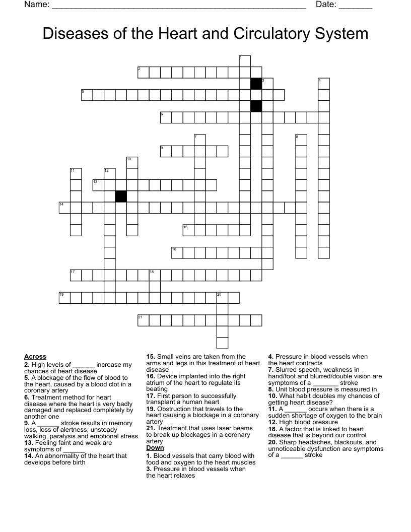 Diseases of the Heart and Circulatory System Crossword