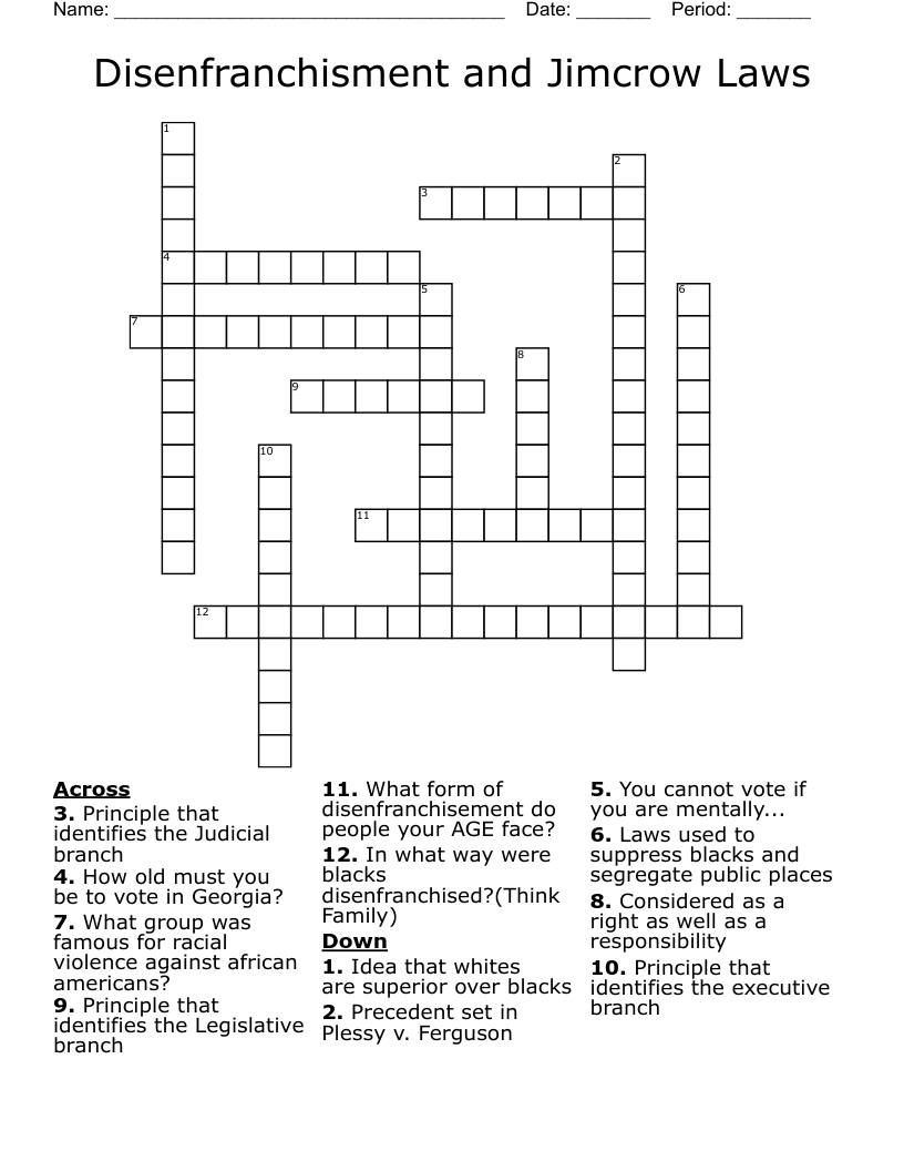 Disenfranchisment and Jimcrow Laws Crossword