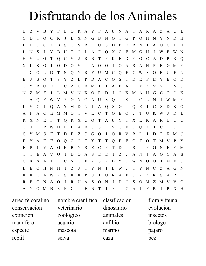 Disfrutando de los Animales Word Search