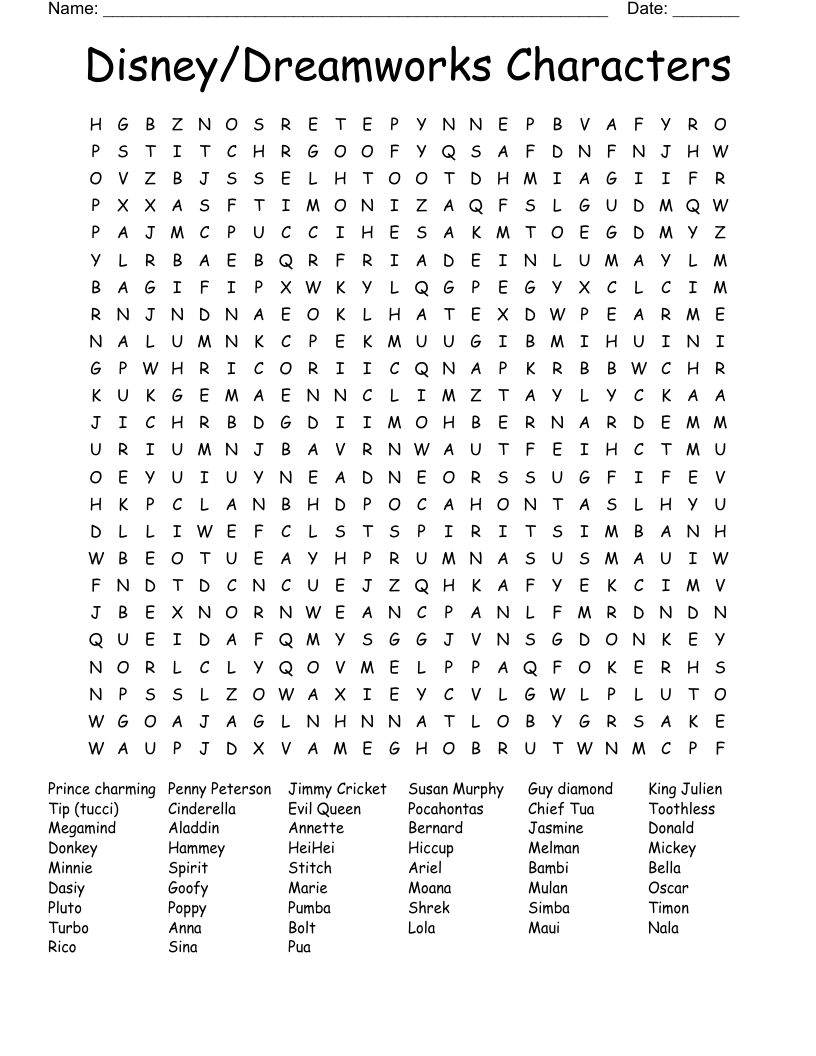 Disney/Dreamworks Characters Word Search