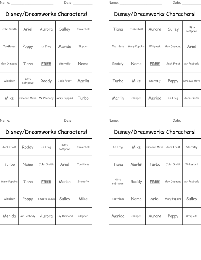 Disney/Dreamworks Characters! Bingo Cards