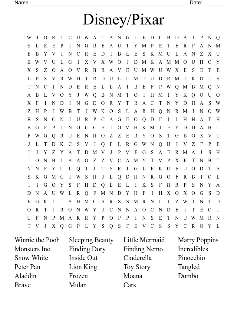 Disney/Pixar Word Search