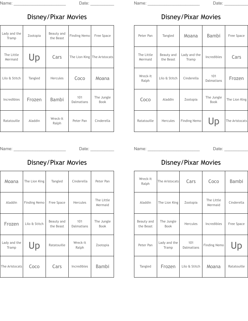 Disney/Pixar Movies Bingo Cards