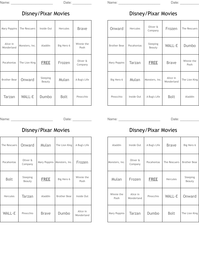 Disney/Pixar Movies Bingo Cards
