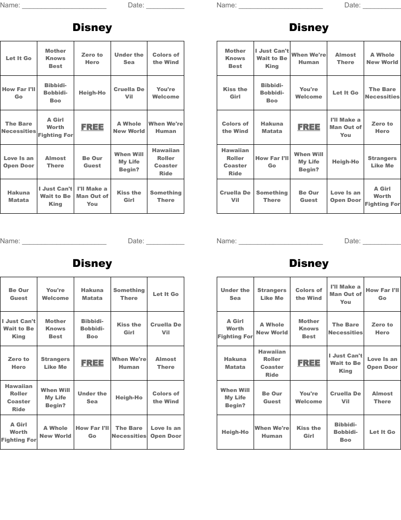 Disney Bingo Cards