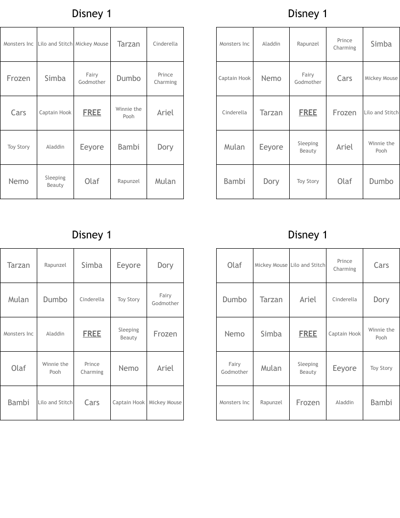 Disney 1 Bingo Cards