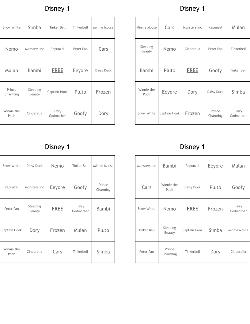 Disney 1 Bingo Cards
