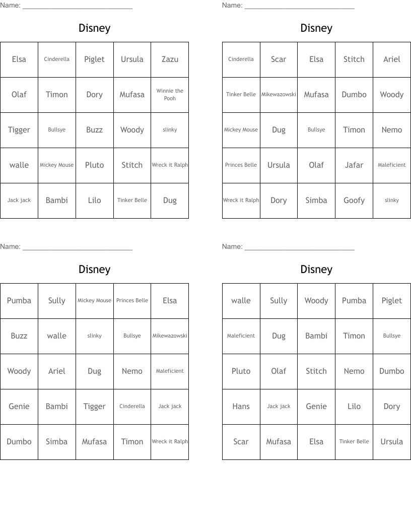 Disney Bingo Cards