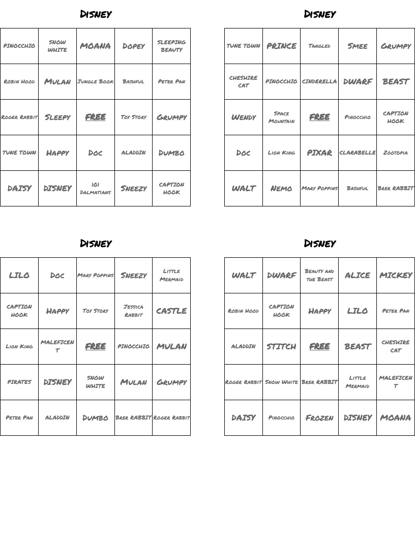 Disney Bingo Cards