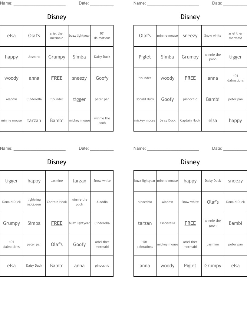 Disney Bingo Cards