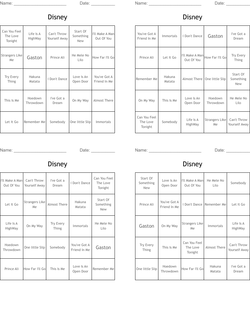 Disney Bingo Cards