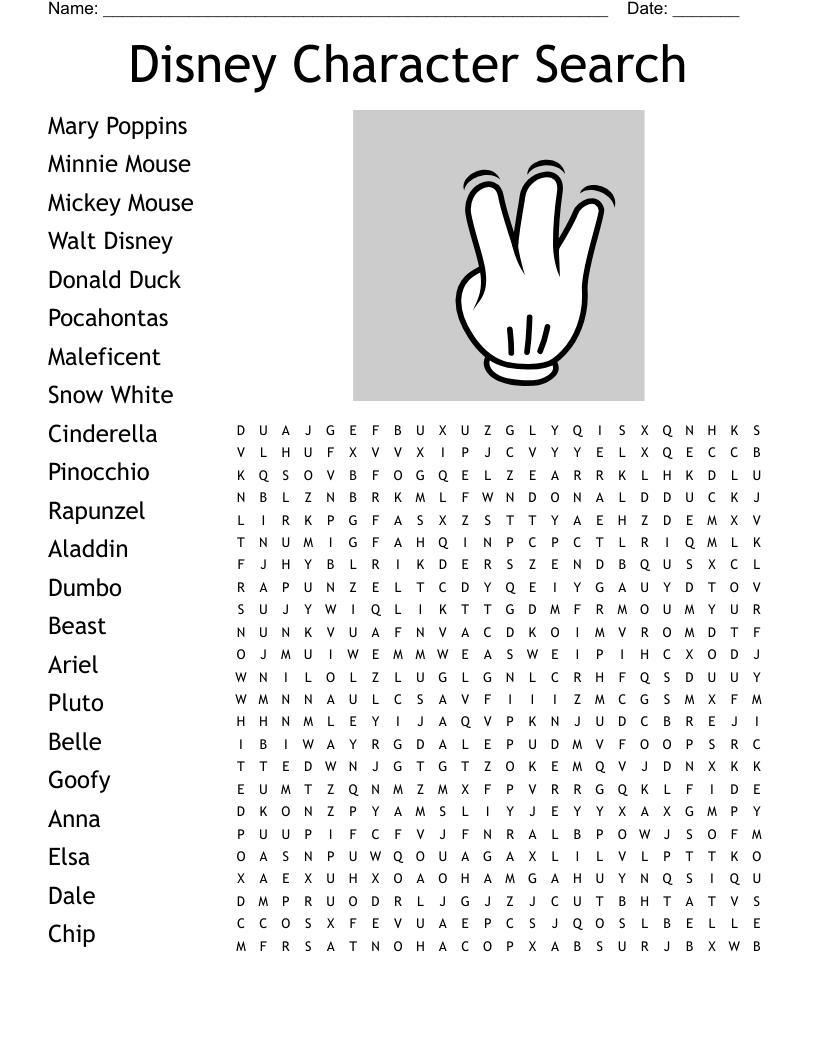 Disney Character Search Word Search