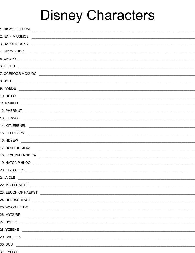 Disney Characters Word Scramble