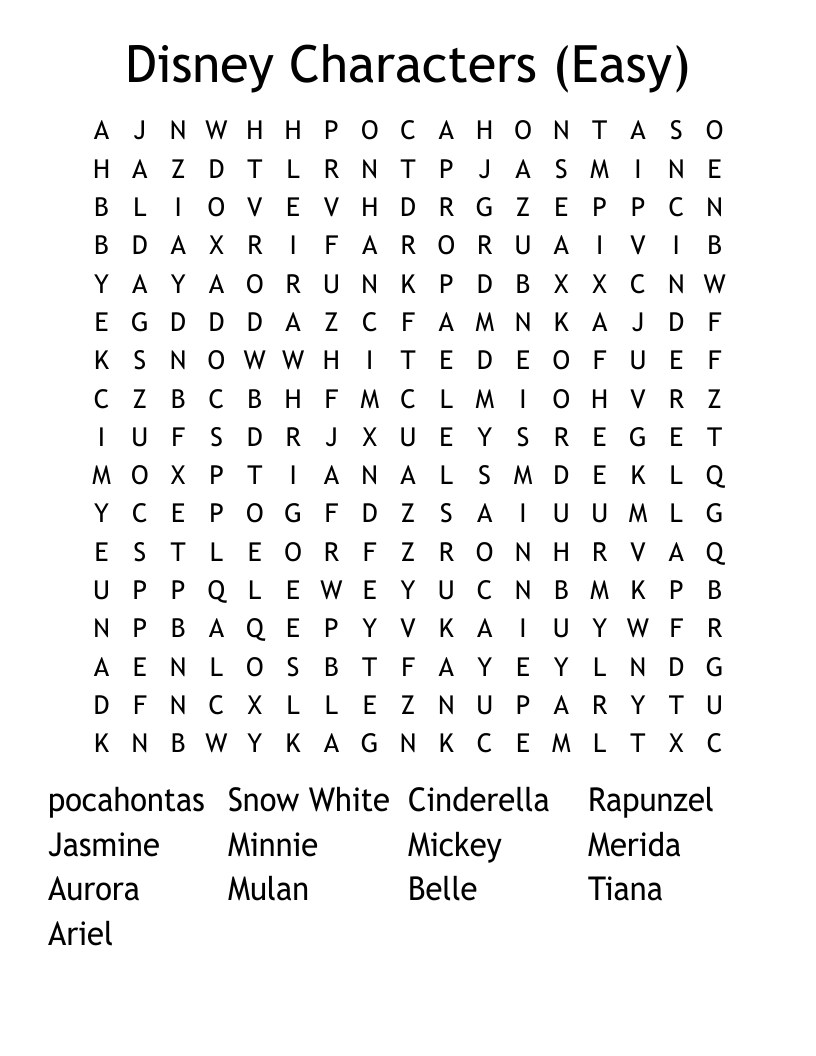 Disney Characters (Easy) Word Search