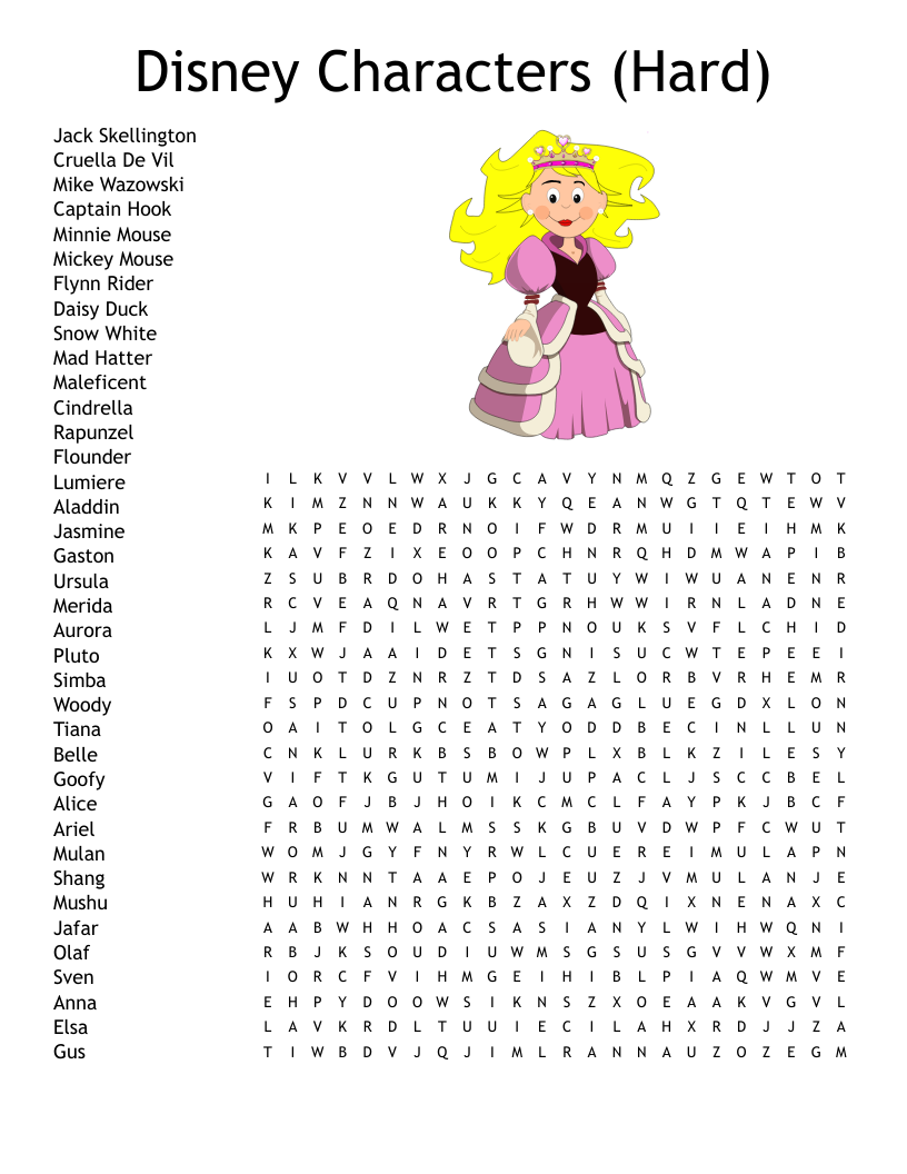 Disney Characters (Hard) Word Search